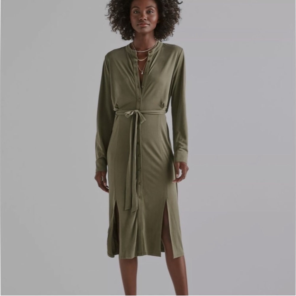 Lucky Brand SandwashedOlive Green Button-Down Midi Shirt Dress